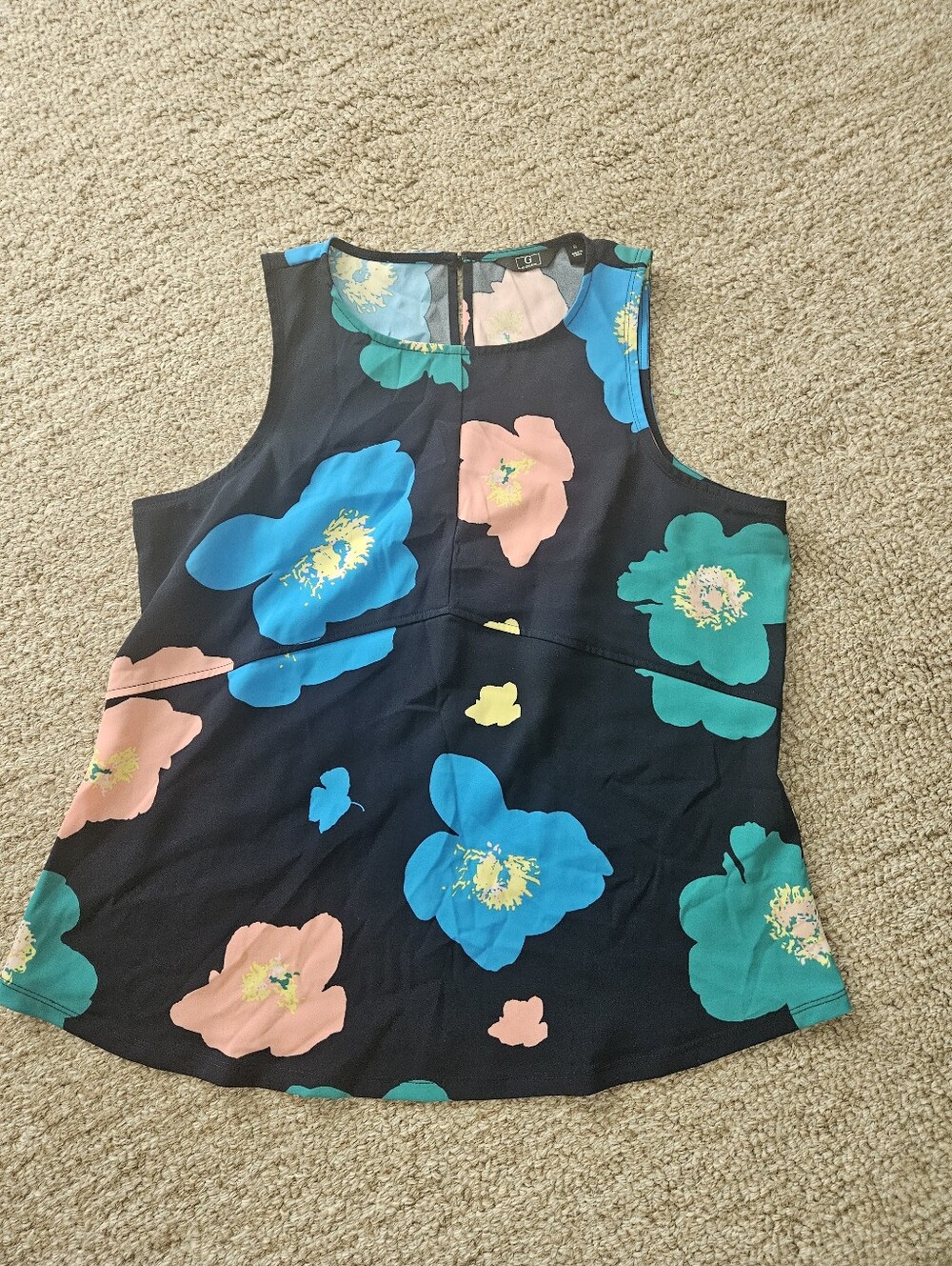 G by Giuliana Black Floral Tank Top with Blue, Teal & Pink Blooms